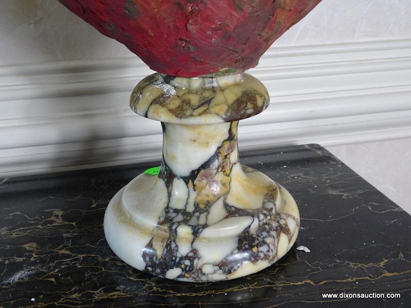 (FOYER) FIGURAL BUST ON STAND; VINTAGE PLASTER BUST ON MARBLE STAND- 16 IN H, ITEM IS SOLD AS IS