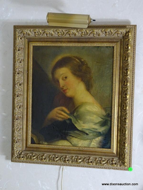 (FOYER) FRAMED 19TH CEN. UNSIGNED ANTIQUE OIL PORTRAIT ON CANVAS IN GOLD GILT CARVED FRAME- 23 IN X