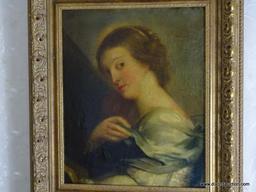 (FOYER) FRAMED 19TH CEN. UNSIGNED ANTIQUE OIL PORTRAIT ON CANVAS IN GOLD GILT CARVED FRAME- 23 IN X