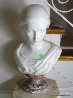 (FOYER) ANTIQUE MARBLE BUST- 20 IN H, ITEM IS SOLD AS IS WHERE IS WITH NO GUARANTEES OR WARRANTY. NO