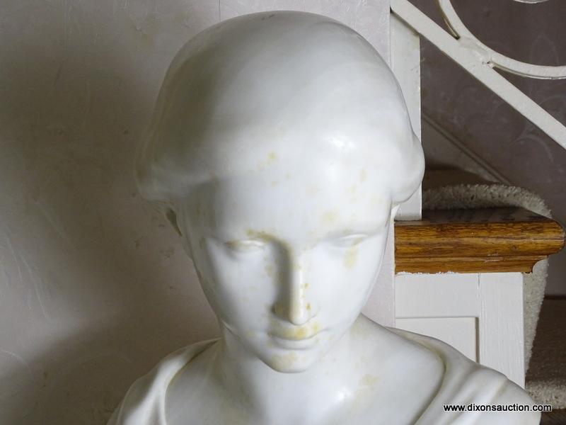 (FOYER) ANTIQUE MARBLE BUST- 20 IN H, ITEM IS SOLD AS IS WHERE IS WITH NO GUARANTEES OR WARRANTY. NO