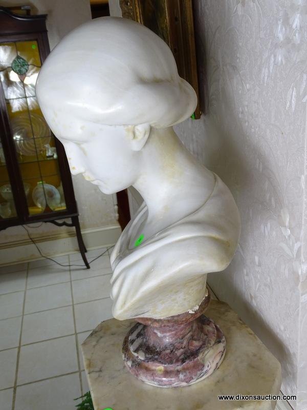 (FOYER) ANTIQUE MARBLE BUST- 20 IN H, ITEM IS SOLD AS IS WHERE IS WITH NO GUARANTEES OR WARRANTY. NO