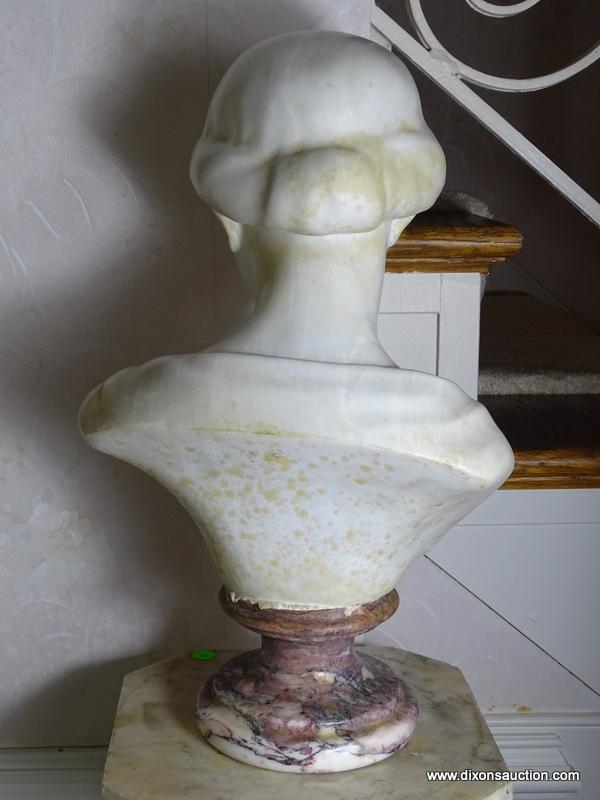 (FOYER) ANTIQUE MARBLE BUST- 20 IN H, ITEM IS SOLD AS IS WHERE IS WITH NO GUARANTEES OR WARRANTY. NO