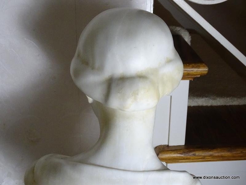 (FOYER) ANTIQUE MARBLE BUST- 20 IN H, ITEM IS SOLD AS IS WHERE IS WITH NO GUARANTEES OR WARRANTY. NO