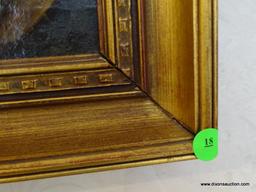 (FOYER) ANTIQUE 19TH CEN. FRAMED UNSIGNED OIL ON CANVAS IN GOLD FRAME- HAS FRENCH PAPER LABEL ON