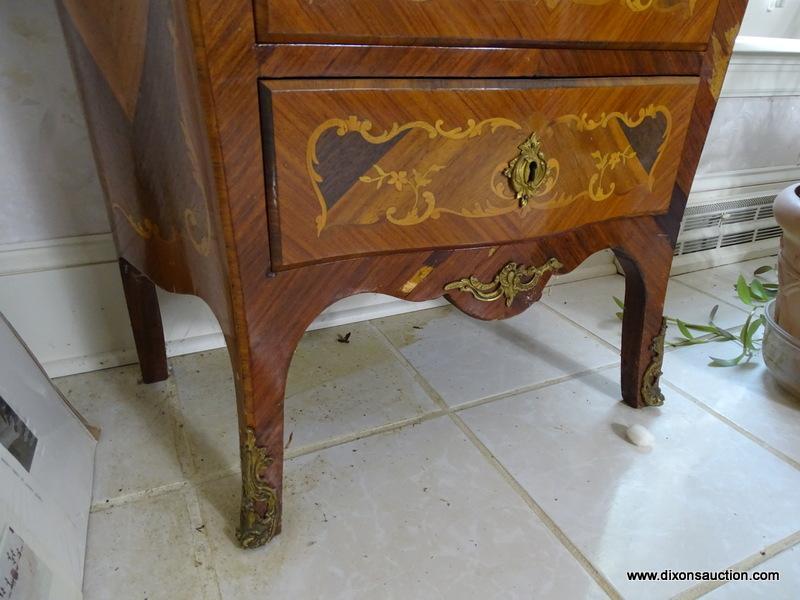 (FOYER) SECRETAIRE ABATANT; FRENCH MAHOGANY INLAID SECRETAIRE ABATANT WITH BRASS ORMOLOU AND MARBLE