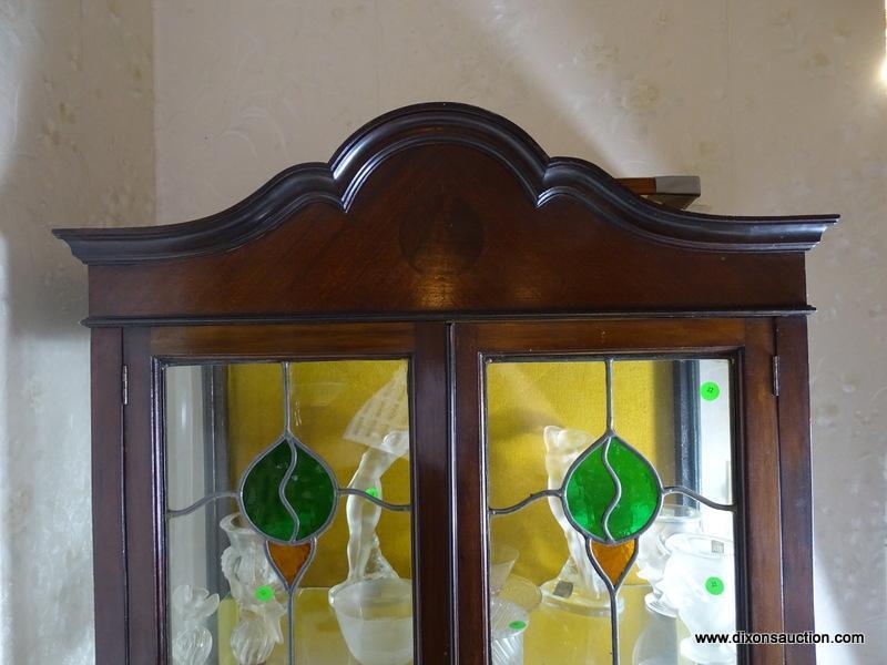 (FOYER HALL) ANTIQUE MAHOGANY DISPLAY CABINET WITH STAINED GLASS DOORS AND GLASS SHELVES-30 IN X 12