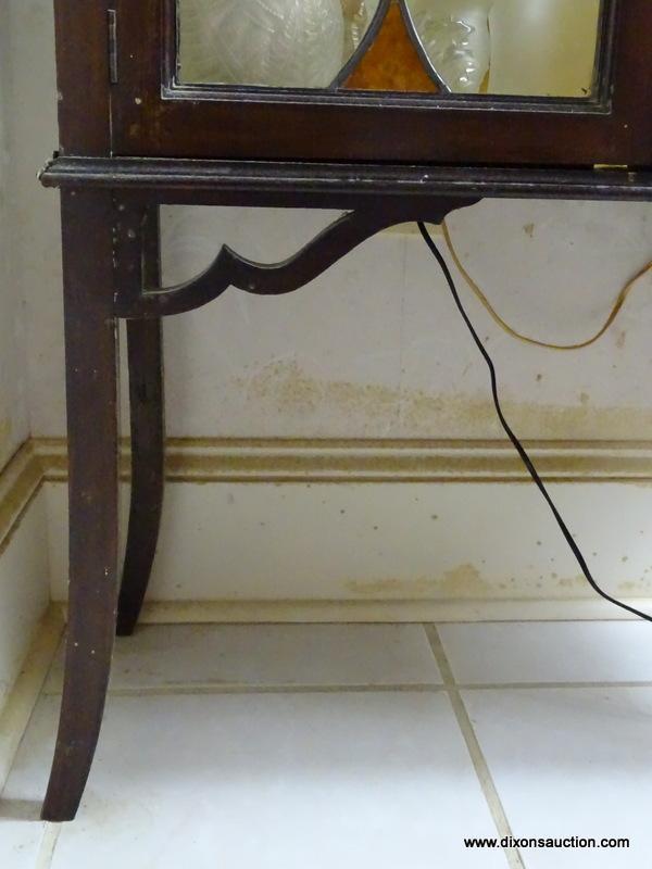 (FOYER HALL) ANTIQUE MAHOGANY DISPLAY CABINET WITH STAINED GLASS DOORS AND GLASS SHELVES-30 IN X 12