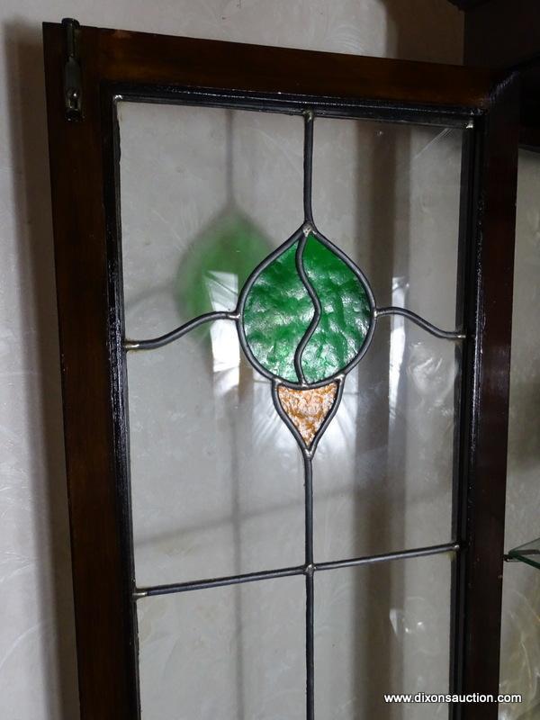 (FOYER HALL) ANTIQUE MAHOGANY DISPLAY CABINET WITH STAINED GLASS DOORS AND GLASS SHELVES-30 IN X 12