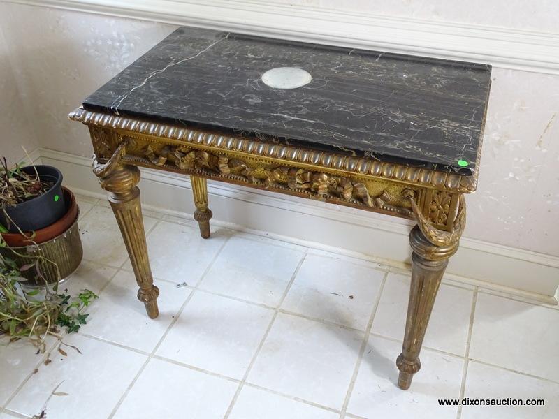 (FOYER) ANTIQUE GOLD GILDED AND HEAVILY CARVED FRENCH NEO-CLASSICAL STYLE MARBLE TOP FOYER TABLE,