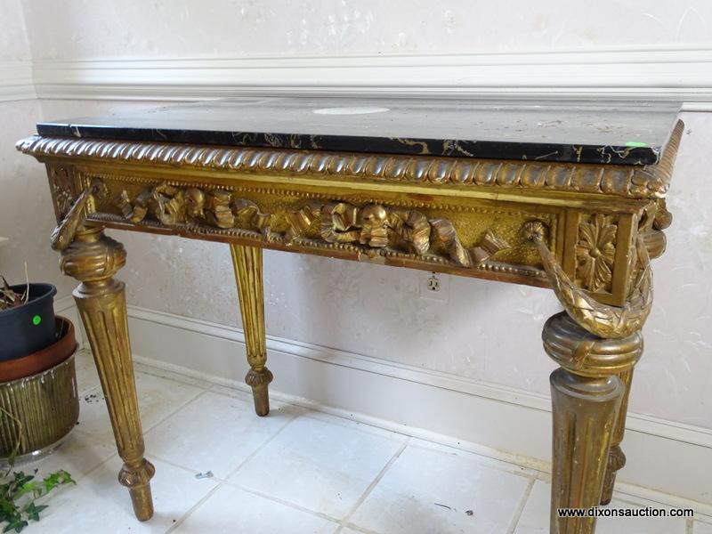 (FOYER) ANTIQUE GOLD GILDED AND HEAVILY CARVED FRENCH NEO-CLASSICAL STYLE MARBLE TOP FOYER TABLE,
