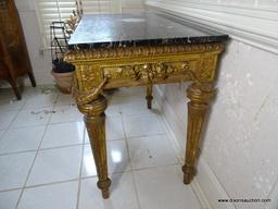 (FOYER) ANTIQUE GOLD GILDED AND HEAVILY CARVED FRENCH NEO-CLASSICAL STYLE MARBLE TOP FOYER TABLE,