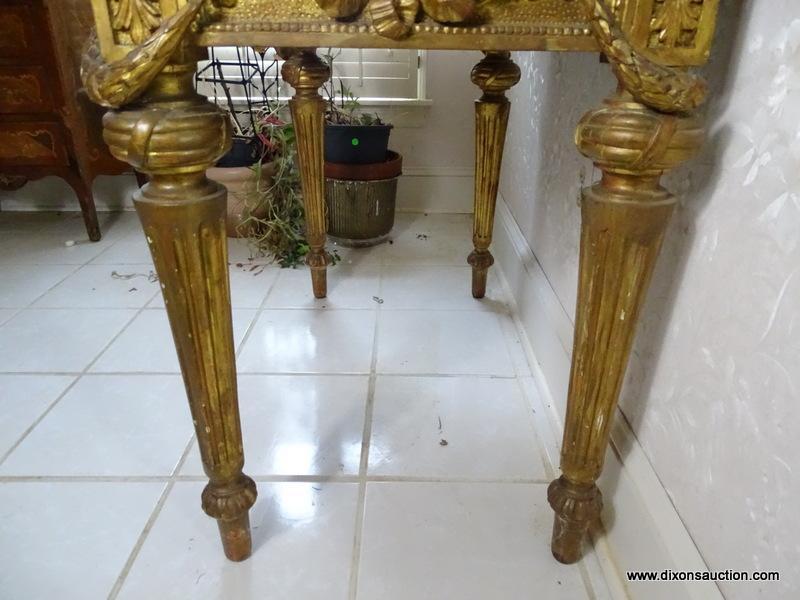 (FOYER) ANTIQUE GOLD GILDED AND HEAVILY CARVED FRENCH NEO-CLASSICAL STYLE MARBLE TOP FOYER TABLE,