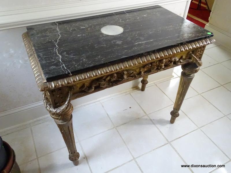 (FOYER) ANTIQUE GOLD GILDED AND HEAVILY CARVED FRENCH NEO-CLASSICAL STYLE MARBLE TOP FOYER TABLE,