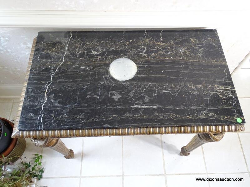 (FOYER) ANTIQUE GOLD GILDED AND HEAVILY CARVED FRENCH NEO-CLASSICAL STYLE MARBLE TOP FOYER TABLE,