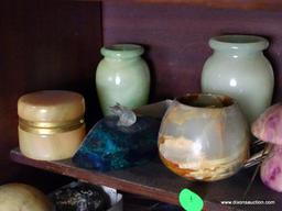 (FOYER) CONTENTS OF SHELVES OF DESK- LOT INCLUDES ALABASTER MUSHROOMS AND TRINKET BOXES, BOXES OF