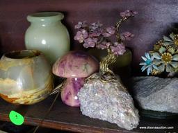 (FOYER) CONTENTS OF SHELVES OF DESK- LOT INCLUDES ALABASTER MUSHROOMS AND TRINKET BOXES, BOXES OF