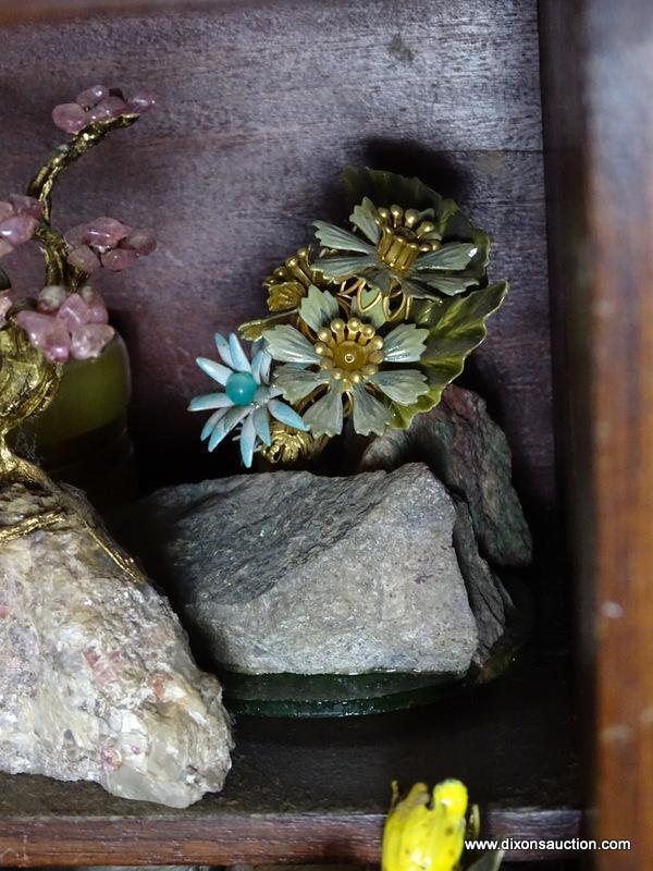 (FOYER) CONTENTS OF SHELVES OF DESK- LOT INCLUDES ALABASTER MUSHROOMS AND TRINKET BOXES, BOXES OF