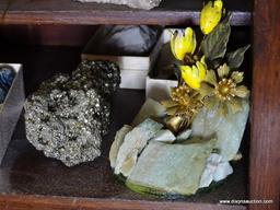 (FOYER) CONTENTS OF SHELVES OF DESK- LOT INCLUDES ALABASTER MUSHROOMS AND TRINKET BOXES, BOXES OF