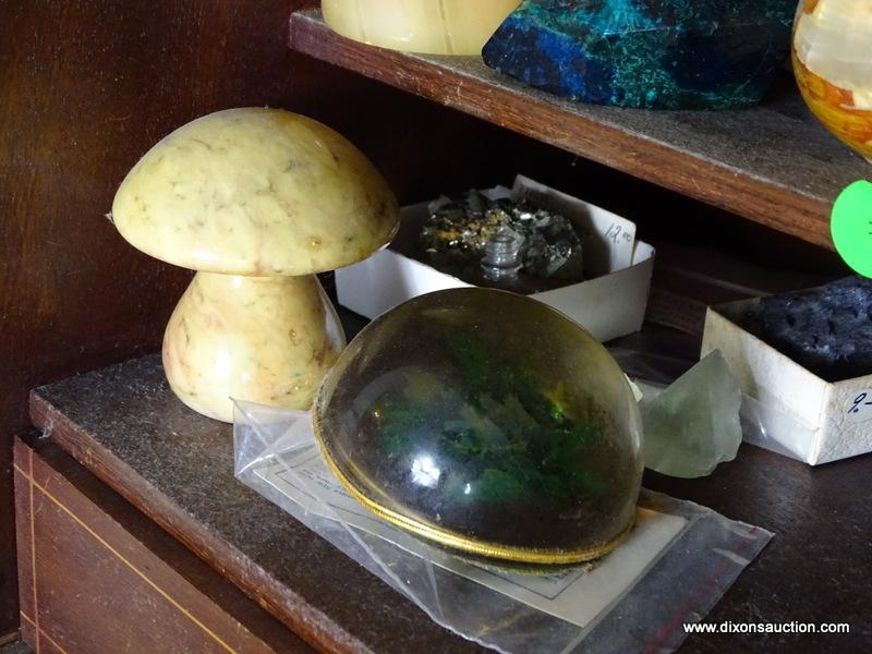 (FOYER) CONTENTS OF SHELVES OF DESK- LOT INCLUDES ALABASTER MUSHROOMS AND TRINKET BOXES, BOXES OF