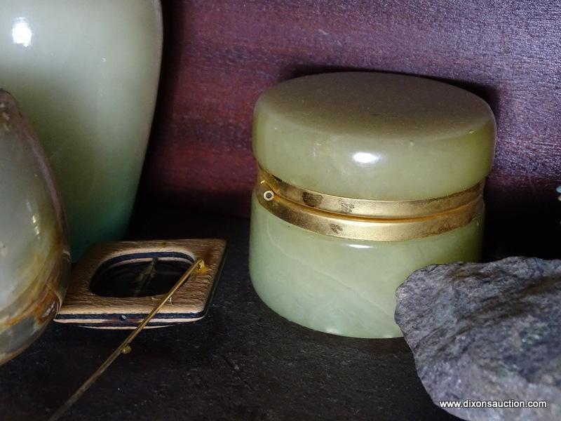 (FOYER) CONTENTS OF SHELVES OF DESK- LOT INCLUDES ALABASTER MUSHROOMS AND TRINKET BOXES, BOXES OF