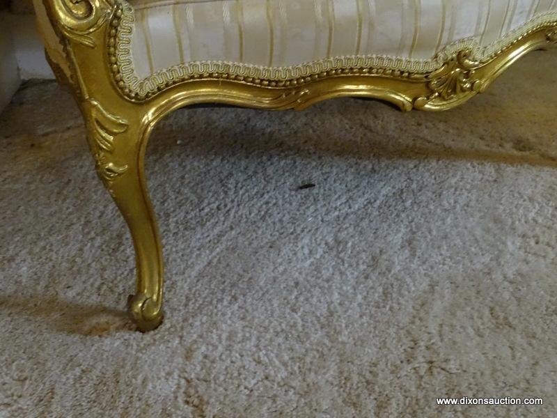 (LR) VINTAGE FRENCH GOLD GILT WING CHAIR, ACANTHUS LEAF CARVING ON ARMS AND WINGS WITH CARVED CENTER