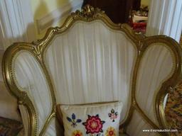 (LR) VINTAGE FRENCH GOLD GILT WING CHAIR, ACANTHUS LEAF CARVING ON ARMS AND WINGS WITH CARVED CENTER