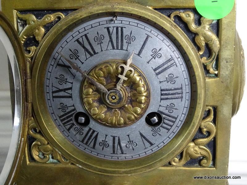 (FOYER) VINTAGE ORNATE BRASS CLOCK WITH 3 KEYS- 5 IN X 5IN X 14 IN ITEM IS SOLD AS IS WHERE IS WITH