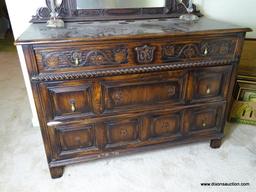 (UPBED 1) VINTAGE 1920'S OAK JACOBEAN STYLE DRESSER WITH MIRROR, HEAVILY CARVED, 3 DOVETAILED