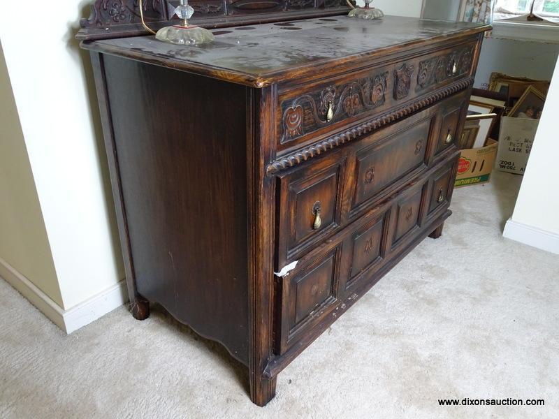 (UPBED 1) VINTAGE 1920'S OAK JACOBEAN STYLE DRESSER WITH MIRROR, HEAVILY CARVED, 3 DOVETAILED