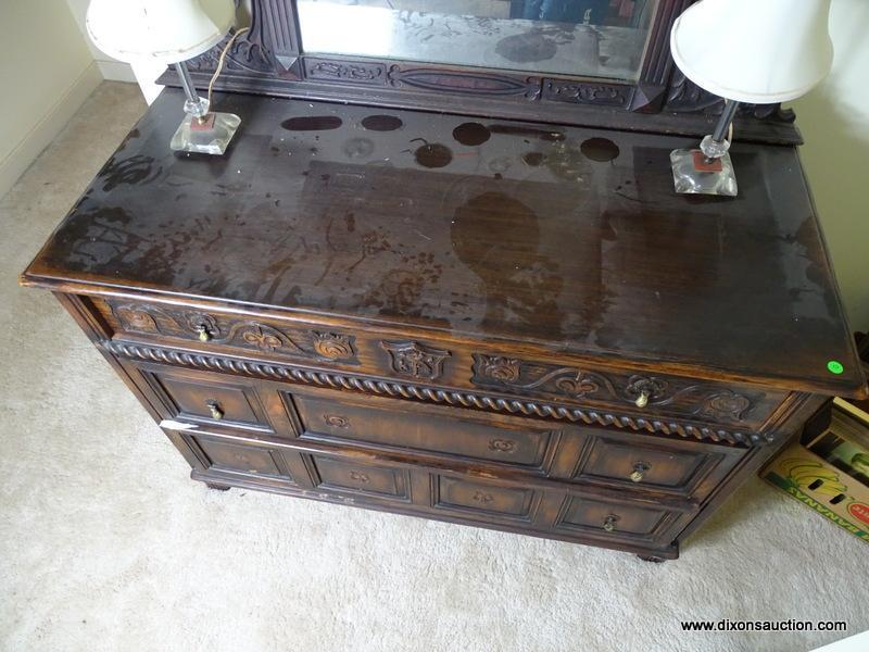 (UPBED 1) VINTAGE 1920'S OAK JACOBEAN STYLE DRESSER WITH MIRROR, HEAVILY CARVED, 3 DOVETAILED