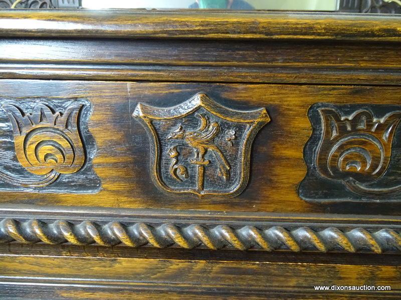 (UPBED 1) VINTAGE 1920'S OAK JACOBEAN STYLE DRESSER WITH MIRROR, HEAVILY CARVED, 3 DOVETAILED