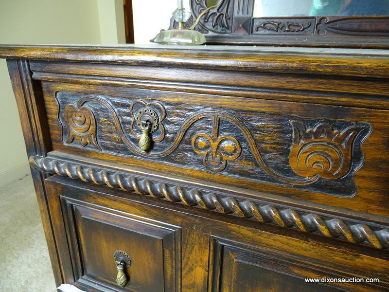 (UPBED 1) VINTAGE 1920'S OAK JACOBEAN STYLE DRESSER WITH MIRROR, HEAVILY CARVED, 3 DOVETAILED