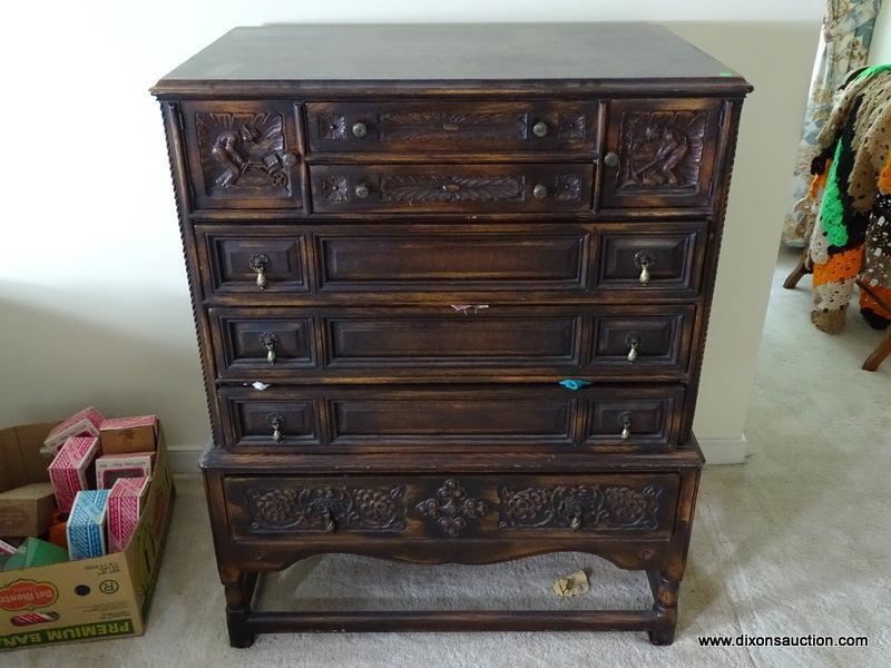 (UPBED 1) VINTAGE 1920'S OAK JACOBEAN STYLE CHEST, HEAVILY CARVED WITH MINERS AND FLOWERS, 3