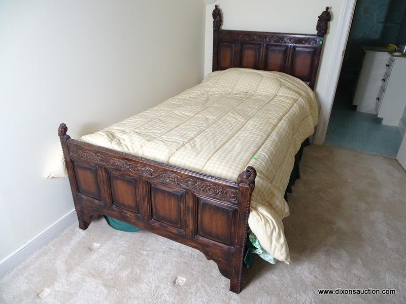 (UPBED 1) ONE OF A PR. OF VINTAGE 1920'S OAK JACOBEAN STYLE HEAVILY CARVED TWIN BEDS WITH CARVED