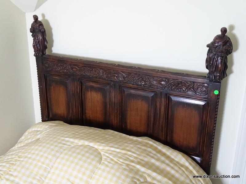 (UPBED 1) ONE OF A PR. OF VINTAGE 1920'S OAK JACOBEAN STYLE HEAVILY CARVED TWIN BEDS WITH CARVED