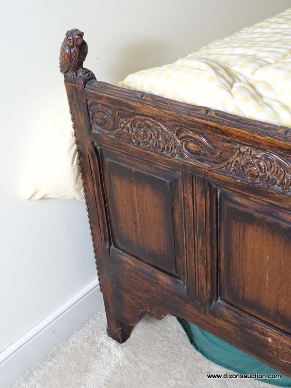 (UPBED 1) ONE OF A PR. OF VINTAGE 1920'S OAK JACOBEAN STYLE HEAVILY CARVED TWIN BEDS WITH CARVED