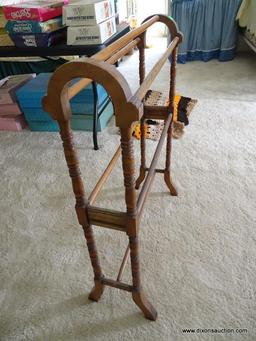 (UPBED 1) ANTIQUE WALNUT VICTORIAN QUILT RACK- 28 IN X 9 IN X 35 IN, INCLUDES AFGHAN, ITEM IS SOLD