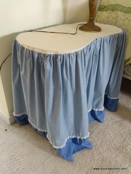 (UPBED 1) PAINTED WHITE KIDNEY SHAPED TABLE WITH TABLE SKIRT- 34 IN X 18 IN X 30 IN, ITEM IS SOLD AS