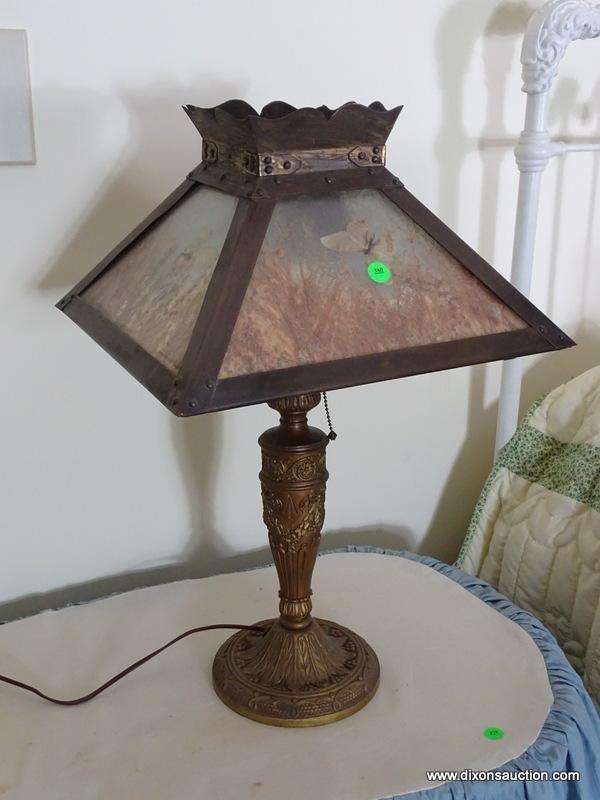 (UPBED 1) ANTIQUE PANELED GLASS LAMP- PANELS PROBABLY HAVE BEEN REPLACED, SEEM TO NOT GLASS AND