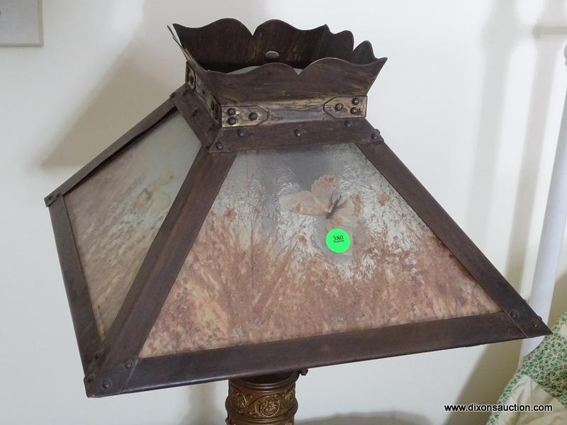 (UPBED 1) ANTIQUE PANELED GLASS LAMP- PANELS PROBABLY HAVE BEEN REPLACED, SEEM TO NOT GLASS AND