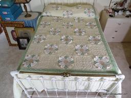 (UPBED 1) FULL SIZE BOX SPRING AND MATTRESS AND INCLUDES LINENS AND HANDMADE DOGWOOD QUILT, ITEM IS