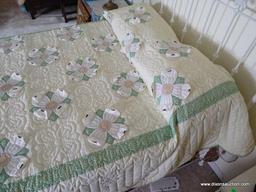 (UPBED 1) FULL SIZE BOX SPRING AND MATTRESS AND INCLUDES LINENS AND HANDMADE DOGWOOD QUILT, ITEM IS