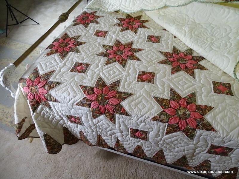 (UPBED 1) FULL SIZE BOX SPRING AND MATTRESS AND INCLUDES LINENS AND HANDMADE DOGWOOD QUILT, ITEM IS