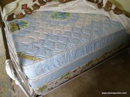 (UPBED 1) FULL SIZE BOX SPRING AND MATTRESS AND INCLUDES LINENS AND HANDMADE DOGWOOD QUILT, ITEM IS