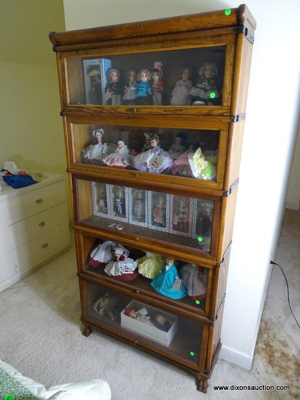 (UPBED 1) ANTIQUE OAK 5 STACK BARRISTER BOOKCASE- 34 IN X 9.5 IN X 70 IN, ITEM IS SOLD AS IS WHERE