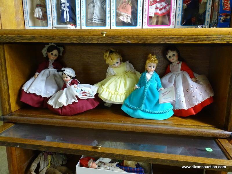 (UPBED) SHELF LOT OF 5 MADAME ALEXANDER DOLLS- SMALLEST- 7 IN- LARGEST- 9 IN, ITEM IS SOLD AS IS