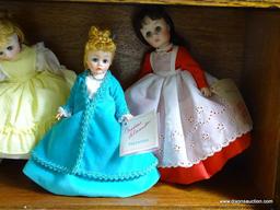 (UPBED) SHELF LOT OF 5 MADAME ALEXANDER DOLLS- SMALLEST- 7 IN- LARGEST- 9 IN, ITEM IS SOLD AS IS