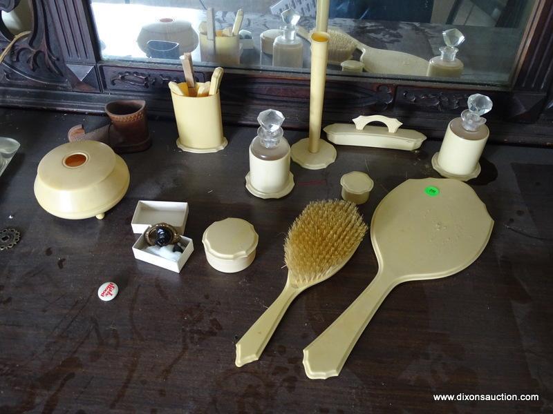 (UPBED 1) DRESSER LOT- VINTAGE BAKELITE DRESSER SET AND PR OF GLASS DRESSER LAMPS- 16 IN H