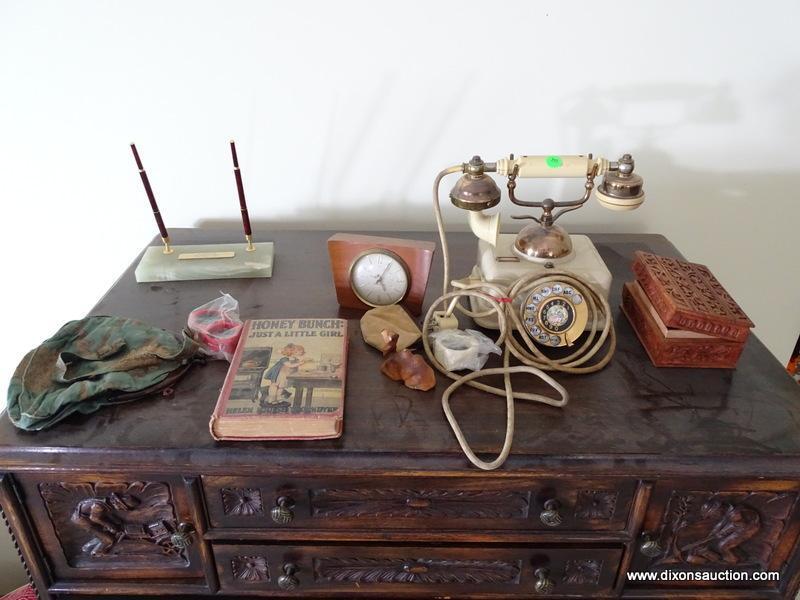 (UPBED 1) CONTENTS ON CHEST- FRENCH STYLE ROTARY PHONE, CHILD'S EARLY BOOK, ALABASTER PEN AND INK